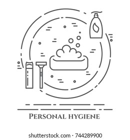 Personal hygiene and beauty banner with thin line pictograms of soap with foam inside circle and liquid soap and shaving products on it isolated on white background. Outline vector illustration.