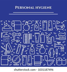 Personal hygiene blue banner with thin line healthcare and cleaning pictograms collected in form of horizontal rectangle. Vector illustration of isolated outline icons with editable stroke.