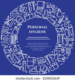 Personal hygiene blue banner with thin line elements of healthcare and cleaning pictograms collected in form of circle. Vector illustration of isolated outline simple silhouettes with editable stroke.