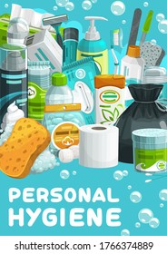 Higiene personal, productos para el cuerpo y la piel. Vagabos de algodón vectores de dibujos animados, bolas y discos, toallitas húmedas, agua de champú y micelar, espuma y afeitar, pasta dentífrica, desodorante y servilleta