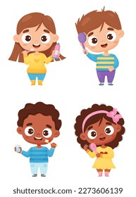 Personal hygiene, personal care and beauty. Boy and girl brush their teeth and comb their hair. Set cute light-skinned and dark-skinned ethnic children in cartoon style. Vector illustration.