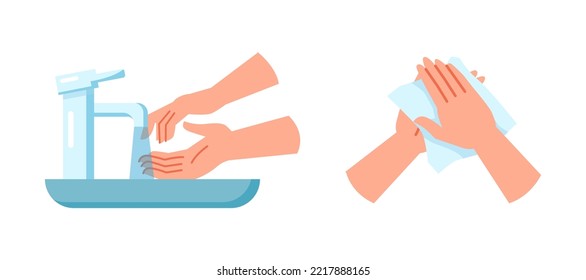 Personal hygiene and care for cleanliness, isolated hands washing under fresh water. Drying palms with a clean disposable paper towel. Vector in flat style