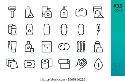 Personal hygiene and care icons set. Set of razor, shaving foam, cosmetics, liquid soap, shampoo, shower gel, bath salt, mouthwash, panty liner, toothpaste, toothbrush, female pad isolated vector icon