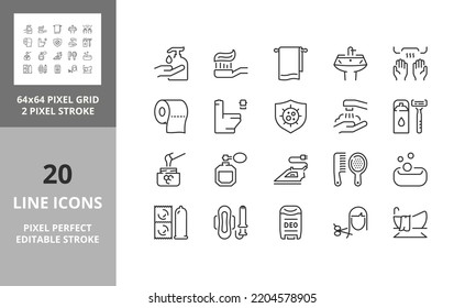 Personal hygiene and care. Thin line icon set. Outline symbol collection. Editable vector stroke. 64 and 256 Pixel Perfect scalable to 128px