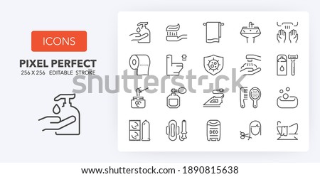 Personal hygiene and care. Thin line icon set. Outline symbol collection. Editable vector stroke. 256x256 Pixel Perfect scalable to 128px, 64px...