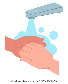 Personal hygiene and care, washing hands in bubbly water. Faucet and personage rubbing palms, fingers cleaning of germs, microbes and viruses. Coronavirus outbreak measures, vector in flat style