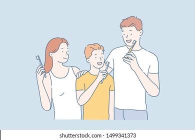 Personal hygiene concept. Happy family with toothbrushes in bathroom. Simple flat vector.