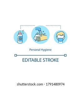 Personal hygiene concept icon. Wash hands with soap, use surgical mask and gloves. Protection from covid idea thin line illustration. Vector isolated outline RGB color drawing. Editable stroke