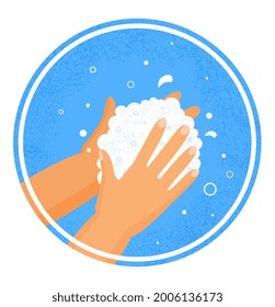 Personal hygiene concept. A man in the bathroom washes his hands with soap. Removing germs from the skin after walking on the street. Cartoon flat vector illustration isolated on a white background