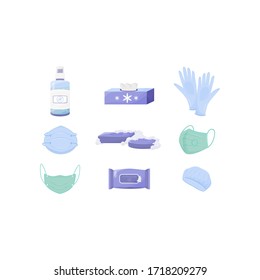 Personal hygiene and disinfection products flat color vector objects set. Respirators and gloves, disposable wipes and antiseptic spray 2D isolated cartoon illustrations on white background