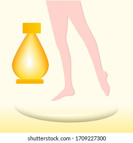 Personal hygiene - female legs, bottle means for bathing - yellow background - vector. Health care. Mental health Quarantine.
