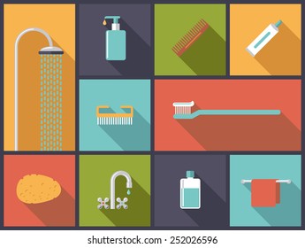 Ilustración vectorial de Iconos de diseño plano de higiene personal. Ilustración de diseño plano con varios iconos de cuidado corporal.