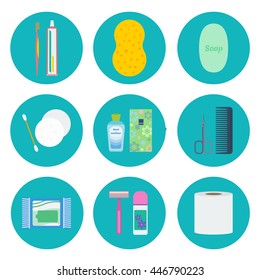 Personal Hygiene Flat Icon Set: Toothbrush, Tooth Paste, Shower Puff, Soap, Ear Stick, Make-up Removal Pads, Hand Sanitizer, Pocket Tissues, Nail Scissors, Wet Wipes, Razor, Deodorant, Toilet Paper.