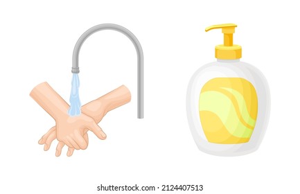 Personal Hygiene and Hand Cleansing with Tap Water and Soap in Dispenser Bottle Vector Set