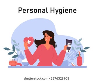 Personal hygiene. Healthy lifestyle and self-care. Character dental, skin and nails care treatment. Everyday beauty routine. Flat vector illustration