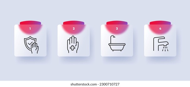 Personal hygiene icon set. Personal hygiene routines such as washing hands. Health concept. Glassmorphism style. Vector line icon for Business and Advertising