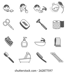 Personal hygiene icons black set with hairbrush scissors razor paper towel isolated vector illustration