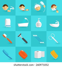 Personal hygiene icons flat set with bathroom cosmetics isolated vector illustration