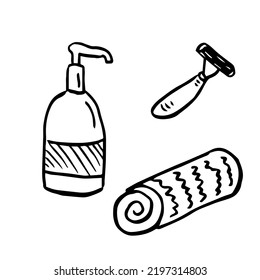 Personal hygiene icons razor, soap and towel doodle set, bathroom cosmetics isolated vector 