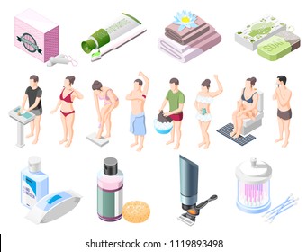 Personal hygiene isometric icons set soap shampoo shaving cream wet wipes towel tampons for intimate hygiene vector illustration 