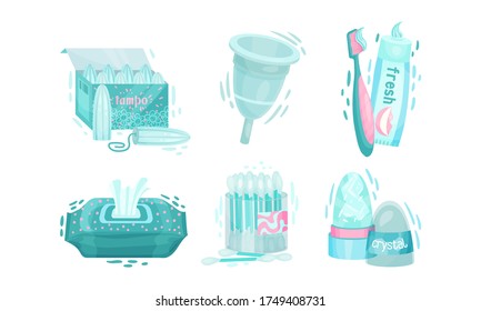 Personal Hygiene Items with Cotton Buds and Wet Wipes Vector Set