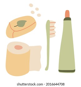 Personal hygiene items. Hand drawn vector illustration of a toothbrush, toothpaste,  soap,  toilet paper isolated on white. Beige and green colors.