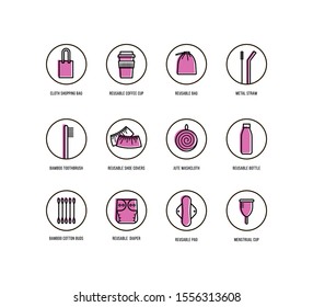 Personal hygiene items and life without plastic. Vector icons set in linear style