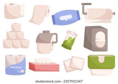 Personal Hygiene Items Set. Toilet Paper For Cleanliness, Wipes For Refreshing, And Pads For Protection. These Essentials Ensure Comfort And Cleanliness In Daily Routines. Cartoon Vector Illustration