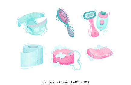 Persönliche Hygieneartikel mit Duschpuff und Toilettenpapier, Vektor Set