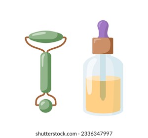 Personal hygiene lotion and roller concept. Cosmetic products for skin and body care. Massage and relax. Template, layout and mock up. Cartoon flat vector illustration isolated on white background