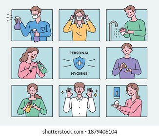 Personal hygiene manual. People are wearing masks, washing and disinfecting their hands. flat design style minimal vector illustration.