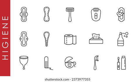 Personal hygiene. Menstruation. Menstrual cup. Health care. Pixel Perfect Vector Thin Line Icons. Contains such Icons as Washing Hands, Shower, Antibacterial Soap. Vector icons in linear style