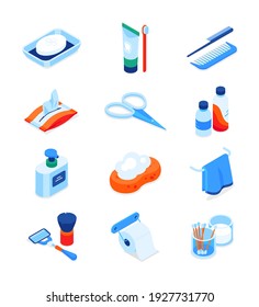 Personal hygiene - modern colorful isometric icons set isolated on white background. Toothpaste, toothbrush, toilet paper, soap, scissors, towel, cotton swab, razor images. Bath accessories idea