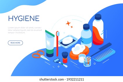 Personal hygiene - modern colorful isometric web banner with copy space for text. Toothpaste, toothbrush, soap, scissors, cotton swabs and pads, razor illustration. Bath accessories, healthcare idea