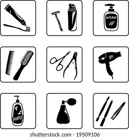 Personal hygiene objects black and white silhouettes (also available in raster format)