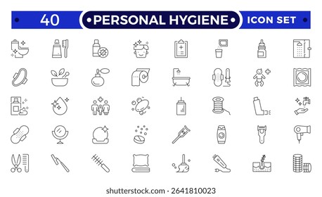 Personal Hygiene Outline Icons set. Contain icons related to Hygiene, clean, sanitary, towel, wash, liquid , and more.
