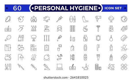 Personal Hygiene Outline Icons set. Contain icons related to Hygiene, clean, sanitary, towel, wash, liquid , and more.
