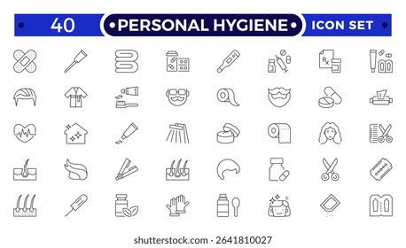Personal Hygiene Outline Icons set. Contain icons related to Hygiene, clean, sanitary, towel, wash, liquid , and more.

