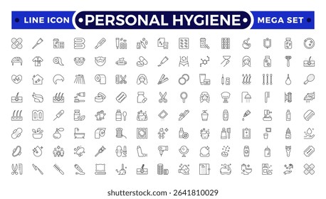 Personal Hygiene Outline Icons set. Contain icons related to Hygiene, clean, sanitary, towel, wash, liquid , and more.
