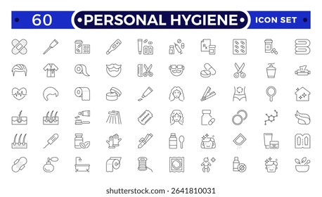 Personal Hygiene Outline Icons set. Contain icons related to Hygiene, clean, sanitary, towel, wash, liquid , and more.
