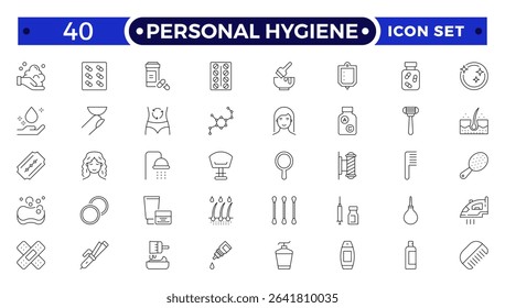 Personal Hygiene Outline Icons set. Contain icons related to Hygiene, clean, sanitary, towel, wash, liquid , and more.
