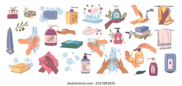 Personal hygiene products collection. Vector isolated paper and textile towels, solid and liquid plant based soaps. Natural and organic cleansing and handwashing. Health care and well being