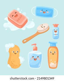 Personal hygiene products with cute faces. Medical mask and sanitizer to protect against virus or coronavirus cartoon illustration set. Funny animated soap and bottle of shampoo. Bathroom concept