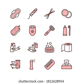 Personal hygiene products flat line icon set. Pink color. Hygiene for girls. Editable strokes.