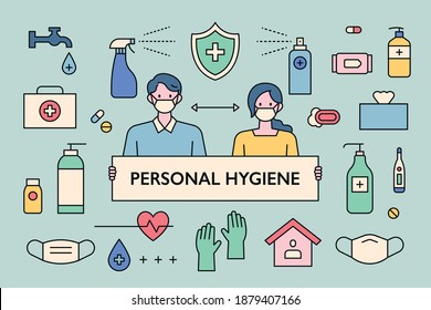 Personal hygiene products icons and people characters. People in masks are holding message boards. There are virus defense items around. flat design style minimal vector illustration.