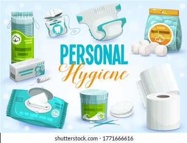 Personal hygiene products vector design of toilet paper rolls, cleansing towel or wet wipes, cotton wool balls, pads and swabs, dental floss, tampons and diaper. Bathroom accessories, sanitary items