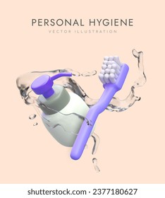 Higiene personal. Dispensador realista, cepillo de dientes y salpicadura de agua. Cartel publicitario para la venta de productos cosméticos en la tienda. Ilustración vectorial con lugar para texto en color naranja y púrpura