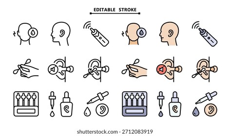Higiene personal y cuidado de rutina. Trazo editable. Iconos esenciales que representan varios tratamientos y cuidados para el oído, incluyendo limpieza, medicación e intervenciones médicas.