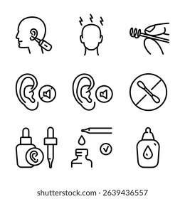 Personal hygiene routine and care. Essential icons representing various ear treatments and care, including cleaning, medication, and medical interventions. Vector illustration.
