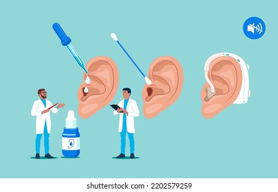 Personal hygiene routine and care. Removing cerumen, otitis treatment with serum medical drops Human ears with aerophone, cotton swab and pipette. Vector illustration.